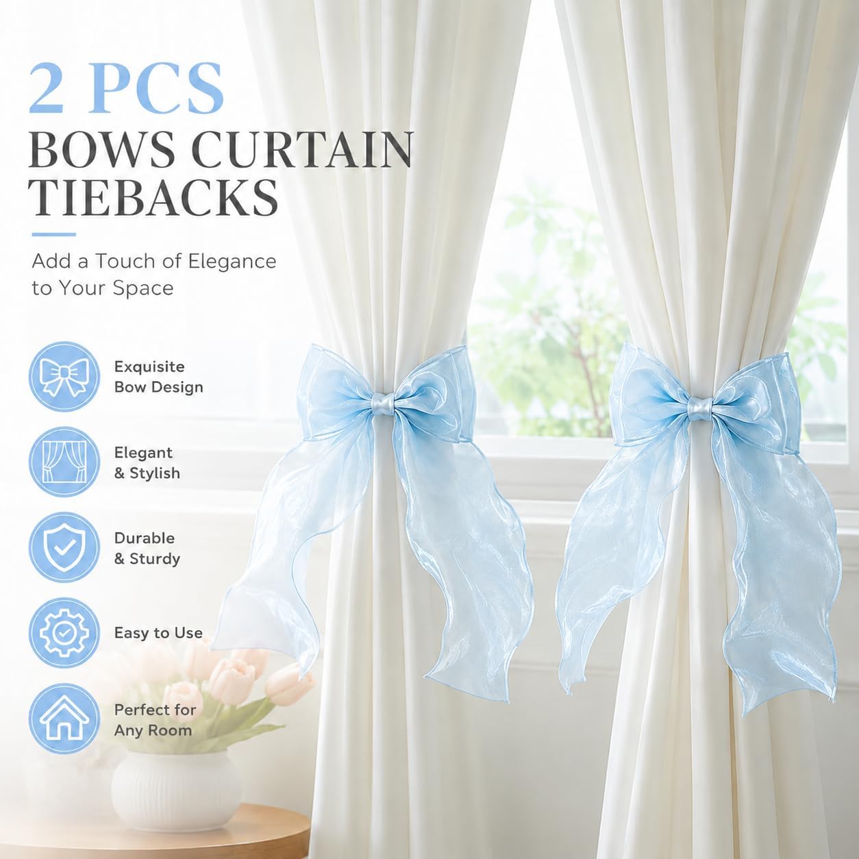 2PCS Strong Magnetic Blue Bow Curtain Tiebacks, Coqueta Lace Ribbon Curtain Holdbacks, Adjustable Drapery Clips for Home Decor, for Bedroom, Living Room, for Window，Wedding，Party image 3