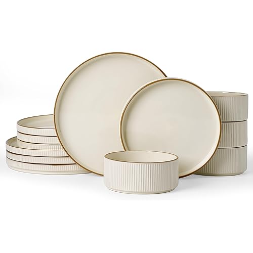 Famiware Star Dinnerware Set, Plates and Bowls Sets for 4 (12pcs), Ribbed Stoneware Dishes with Trim - Chip & Scratch Resistant, Microwave & Dishwasher Safe, Cream