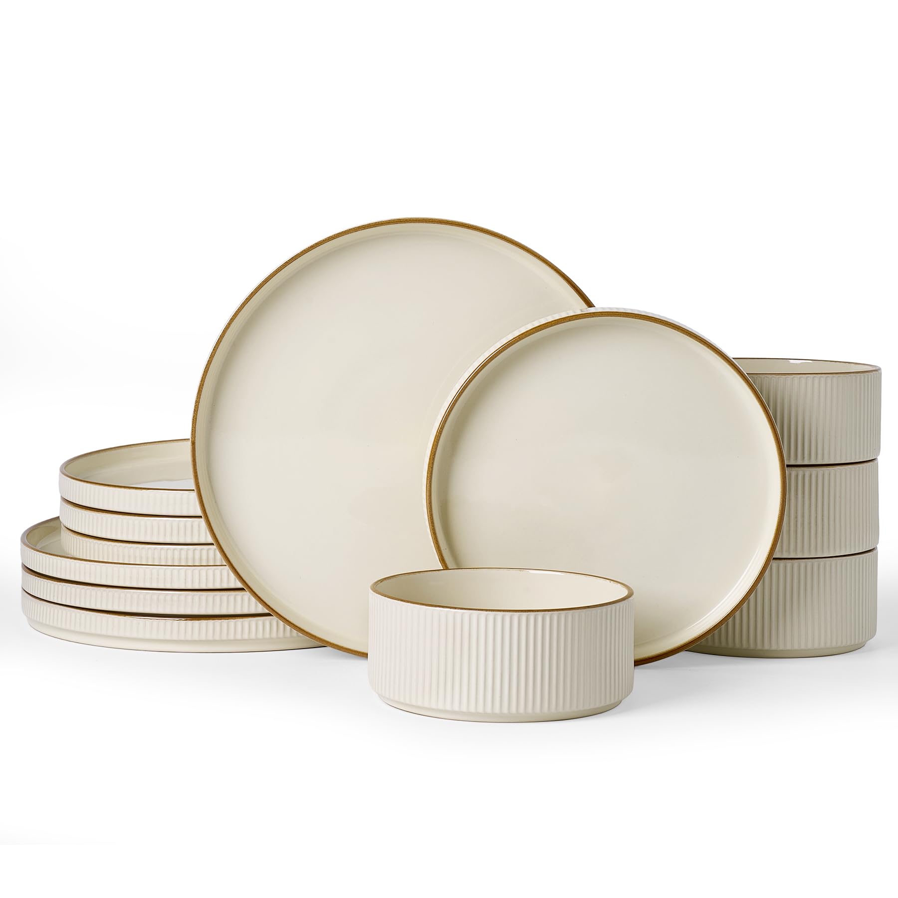 Famiware Star Dinnerware Set, Plates and Bowls Sets for 4 (12pcs), Ribbed Stoneware Dishes with Trim - Chip & Scratch Resistant, Microwave & Dishwasher Safe, Cream
