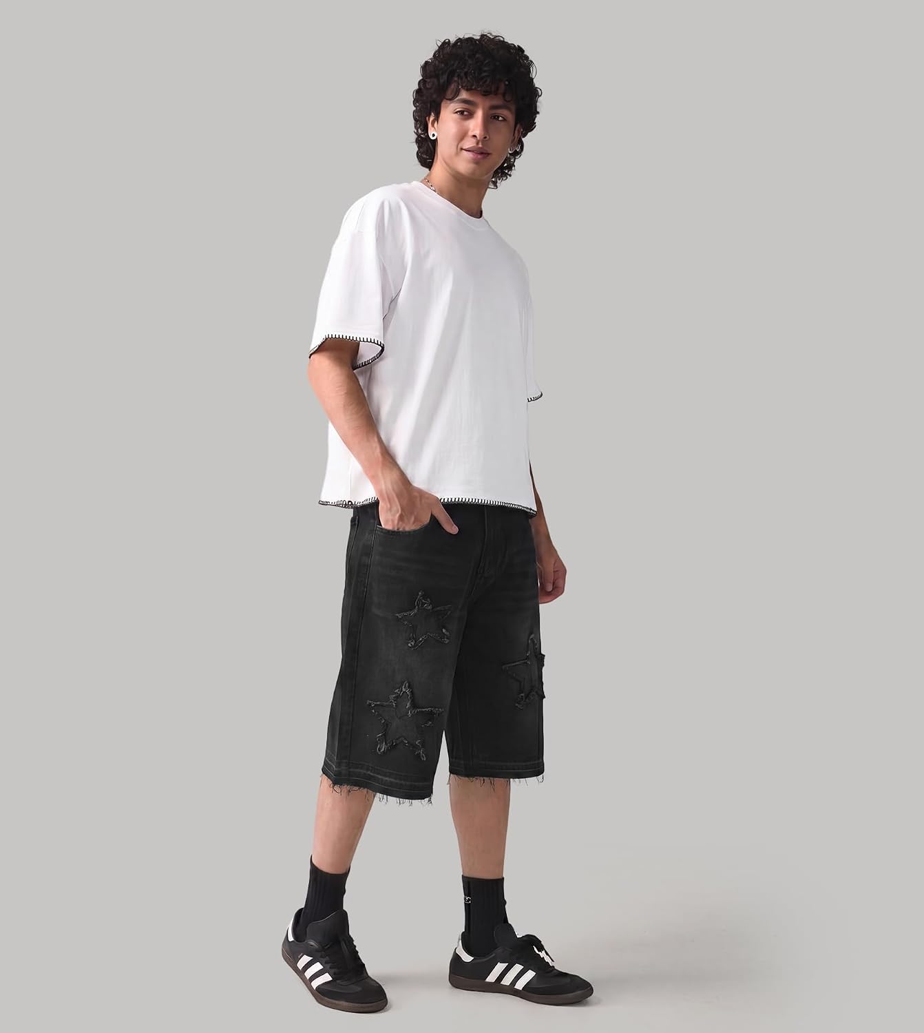 Baggy Jean Shorts Men Jorts, Y2k Wide Leg Jeans, Mens Denim Shorts Star Patch Comfy Casual Streetwear