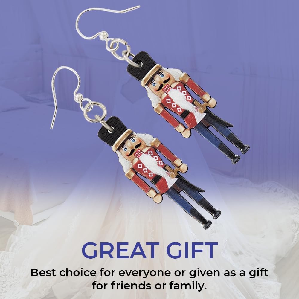 SAGEFINDS Birch Wood Nutcracker Earrings | Festive Christmas Jewelry | Toy Soldier Dangle Earrings | Stainless Steel French Hooks