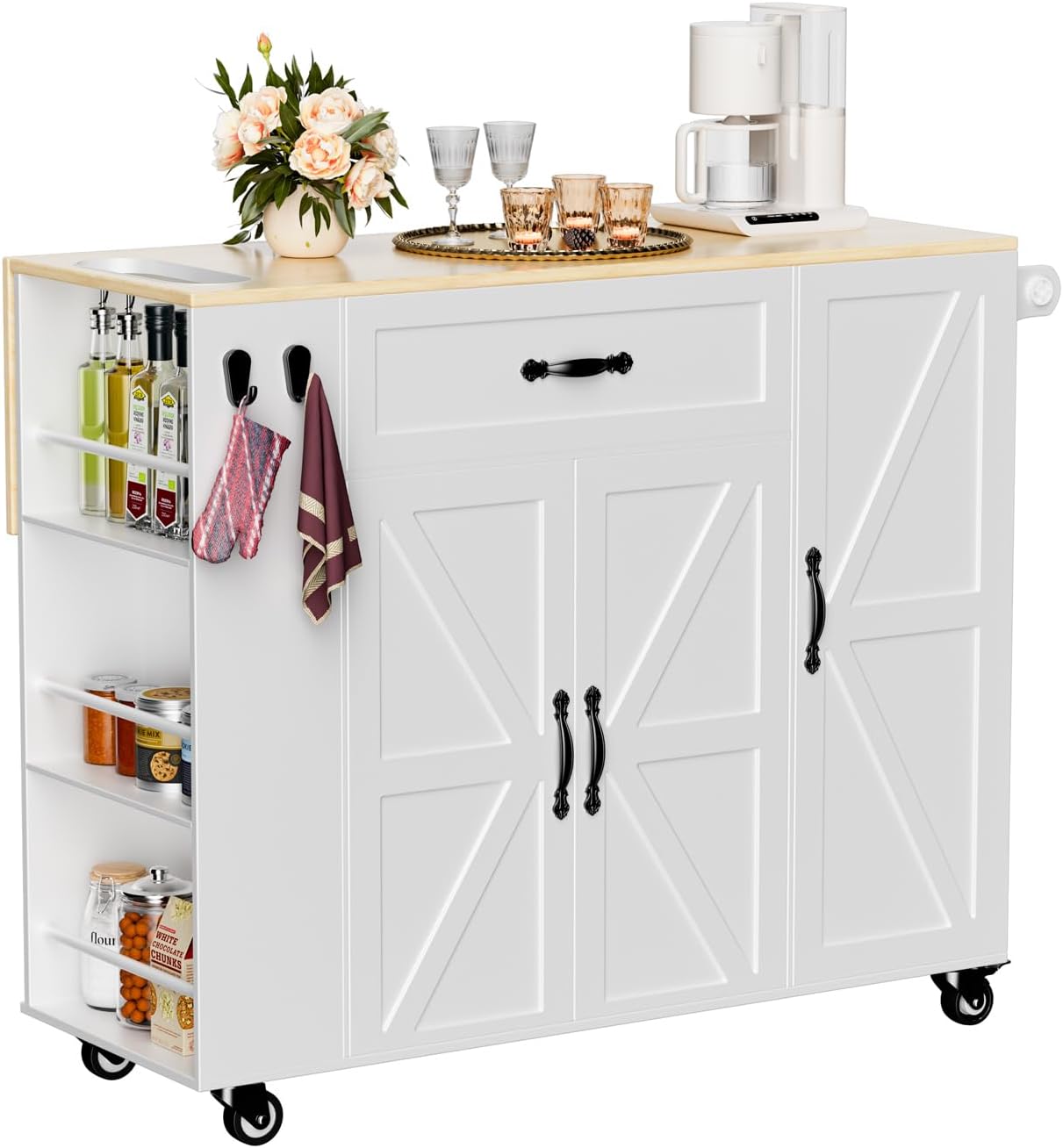 Rolling Kitchen Island with Drop Leaf, 41.3'' Moveable Island On Wheels for Breakfast Nook, White Kitchen Island Cart Extended Countertop/w Racks Shelves and Drawer