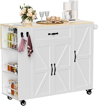 Rolling Kitchen Island with Drop Leaf, 41.3 Moveable Island On Wheels for Breakfast Nook, White Kitchen Island Cart Extended Countertop/w Racks Shelves and Drawer
