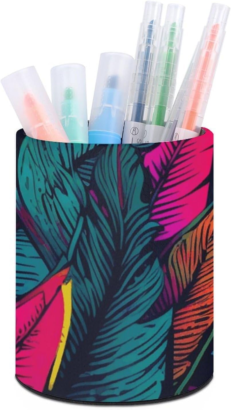 Colorful Tropical Leaves Pattern Pencil Holder Round PU Leather Pencil Cup