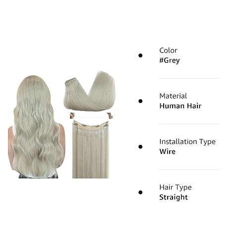 Miniatura 9 de GOO GOO Extensiones de cabello humano real con alambre, 12 pulgadas, 2.47 oz (70 g), color gris, extensiones de cabello con alambre invisible con