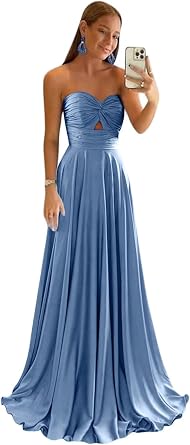Satin Bridesmaid Dress for Wedding Strapless Keyhole Prom Dresses 2026 Formal Evening Party Gowns for Women KF060