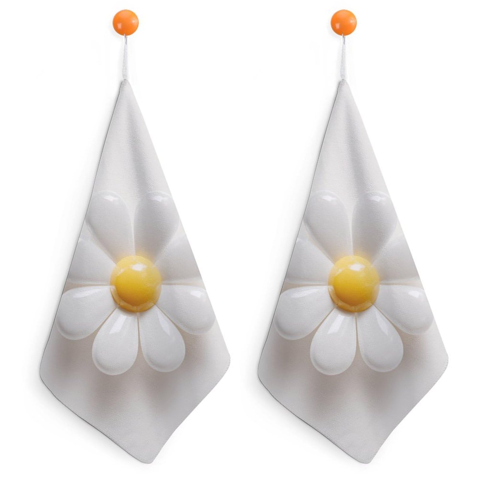 Jubonexis Minimal 3D Soft Glossy White Daisy Flower Small Hand Towel with Hanging Loop 2 PCS Absorbent Soft Wash Cloth for Kitchen Bathroom