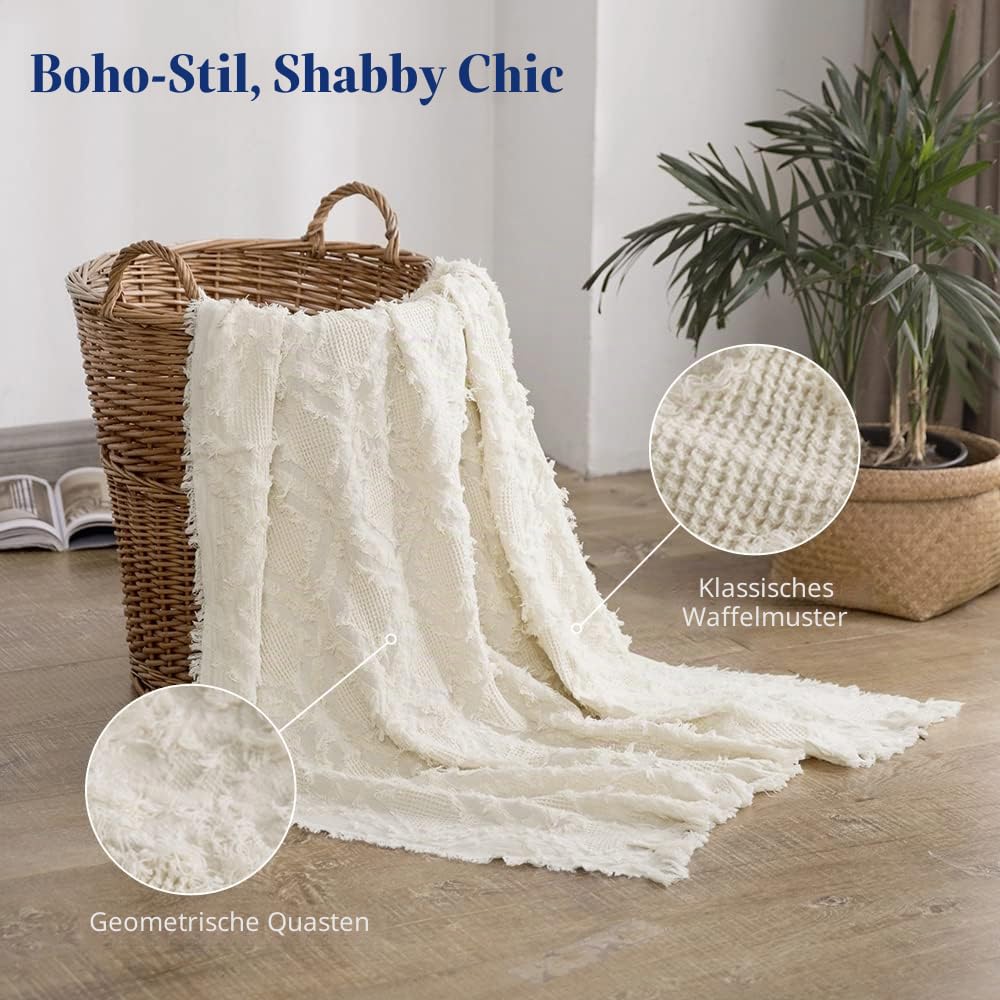 Simple&Opulence Überwurfdecke aus 100% Baumwolle für Bett, Couch, Boho-strukturiert, geometrisch, gestrickt, gewebte Decke mit Quasten, weich, leicht, atmungsaktiv, Shabby-Chic-Stil,