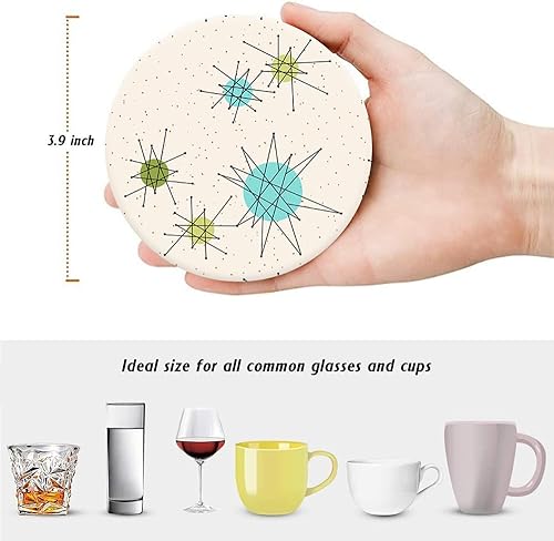 Miniatura 2 de HUXJOKO Juego de 6 posavasos para bebidas, diseño moderno vintage de mediados de siglo, posavasos de cerámica absorbente, tapete redondo de piedra,