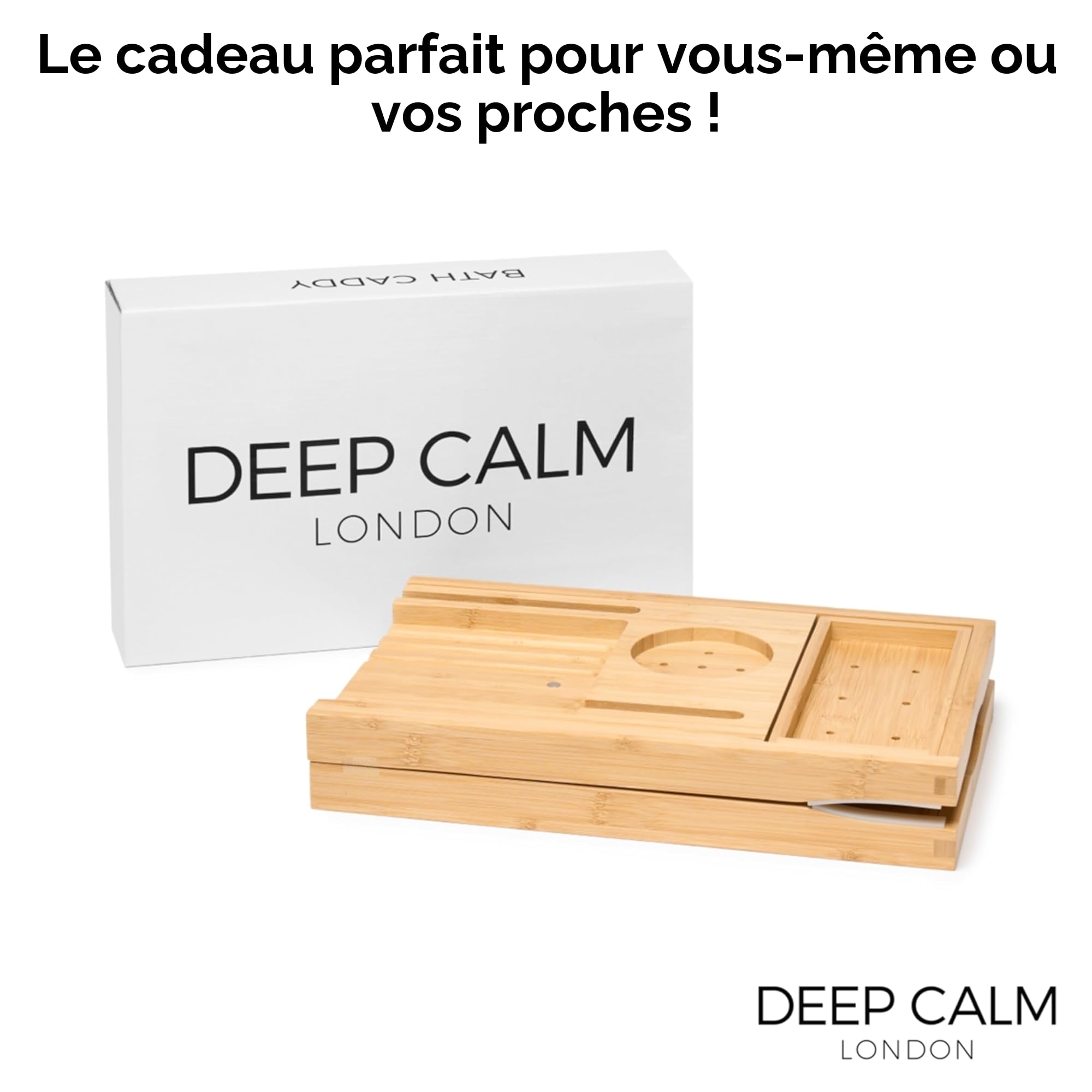 Deep Calm Plateau Baignoire – Bambou, Antidérapant, s'adapte à la Plupart des Tailles de Bain - Accessoire de Bain de Luxe pouvant contenir Un iPad, Un téléphone, Un Verre, Une Bougie (Natural)
