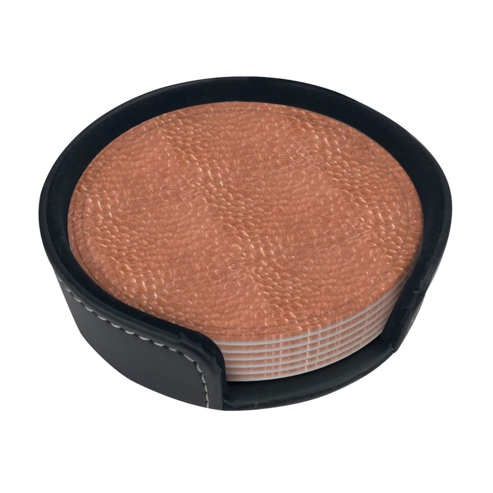 Loujin Copper Round Coasters, Hammered Look,Mugs Pad Cups Mat Set Of 6 Leather Drinks Coasters With Holder