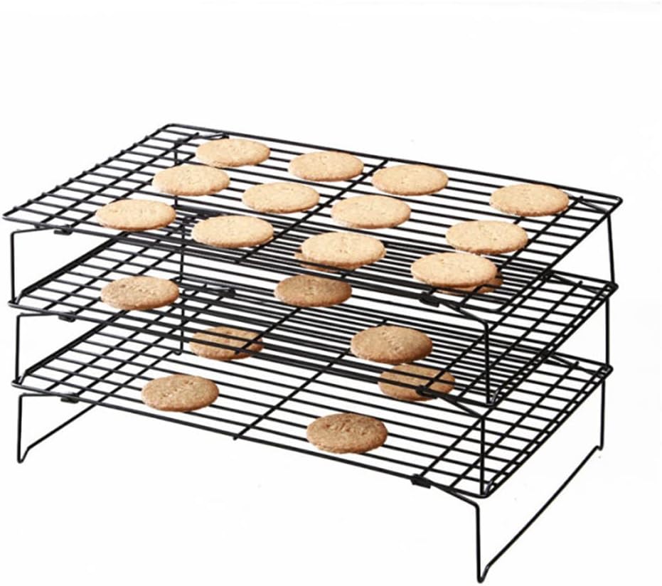 Dproptel Cooling Rack, 3 Tier Non Stick Cake Cooling Tray, Stainless Steel Baking Rack Cooler, Wire Cooling Rack with Folding Legs for Baking Biscuits Bread Cake, Black