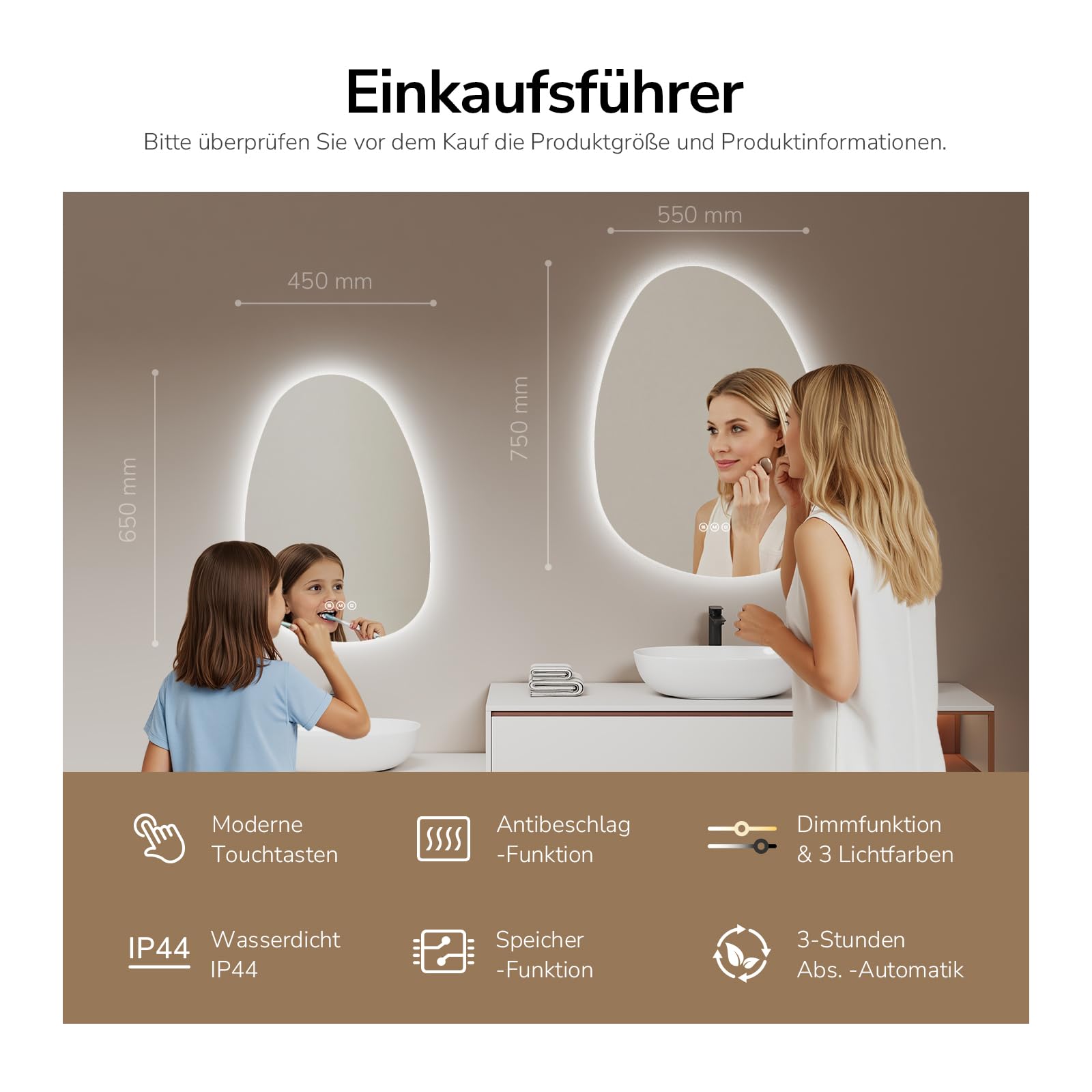 EMKE Spiegel mit Beleuchtung Asymmetrischer LED Badspiegel 75 x 55 cm Touch-Schalter, 3 Lichtfarben Dimmbar, Beschlagfrei Badezimmerspiegel mit Beleuchtung IP44 Energiesparend