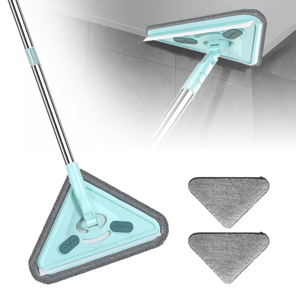 Multifunctional Triangle Mop, 2024 New 360° Rotatable Adjustable Cleaning Mop, Wet and Dry Triangular Window Squeegee Mop for Bathroom Floor Wall Bed Bottom Ceiling (Including 2 Cloth, 1m)