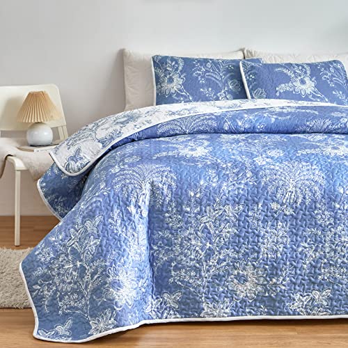 Flysheep Botanical Quilt Set Full Queen Size 3 Pieces, White Blue Floral Printed Reversible Summer Bedding Set, Soft Microfiber Lightweight Bedspread/Coverlet For All Season - 92"X90" #TOP1