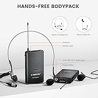 Vista 5 de Phenyx Pro Sistema de micrófono inalámbrico, juego de micrófono inalámbrico VHF de 4 canales con 2 portátiles/2 bodypacks/2 solapas/2 auriculares