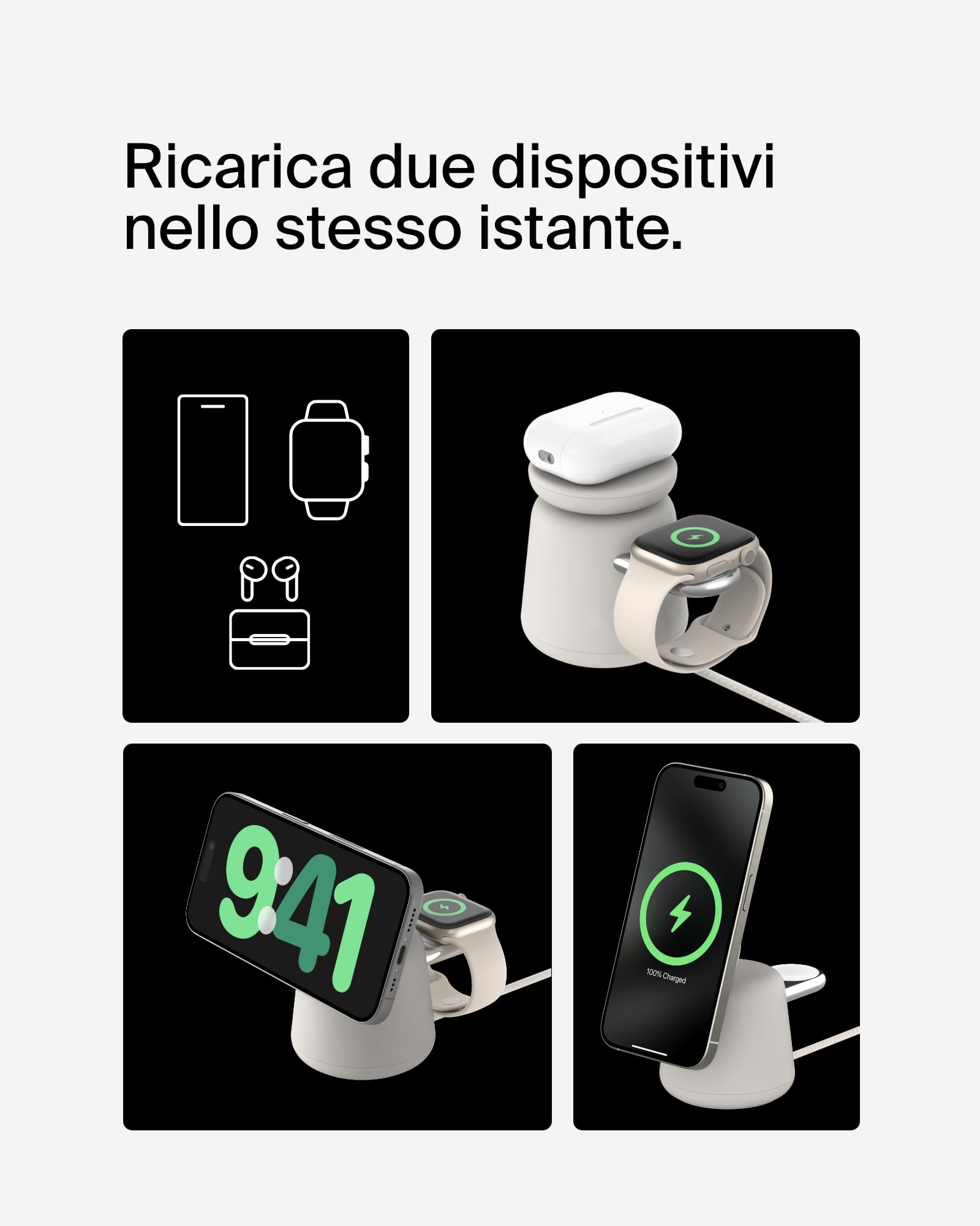 Belkin BoostCharge Caricabatteria wireless 2 in 1 con Qi2 da 15 W, caricatore MagSafe per iPhone 16, 15, 14, 13, 12, Apple Watch, AirPods e altri dispositivi Qi2, alimentatore incluso, grigio sabbia
