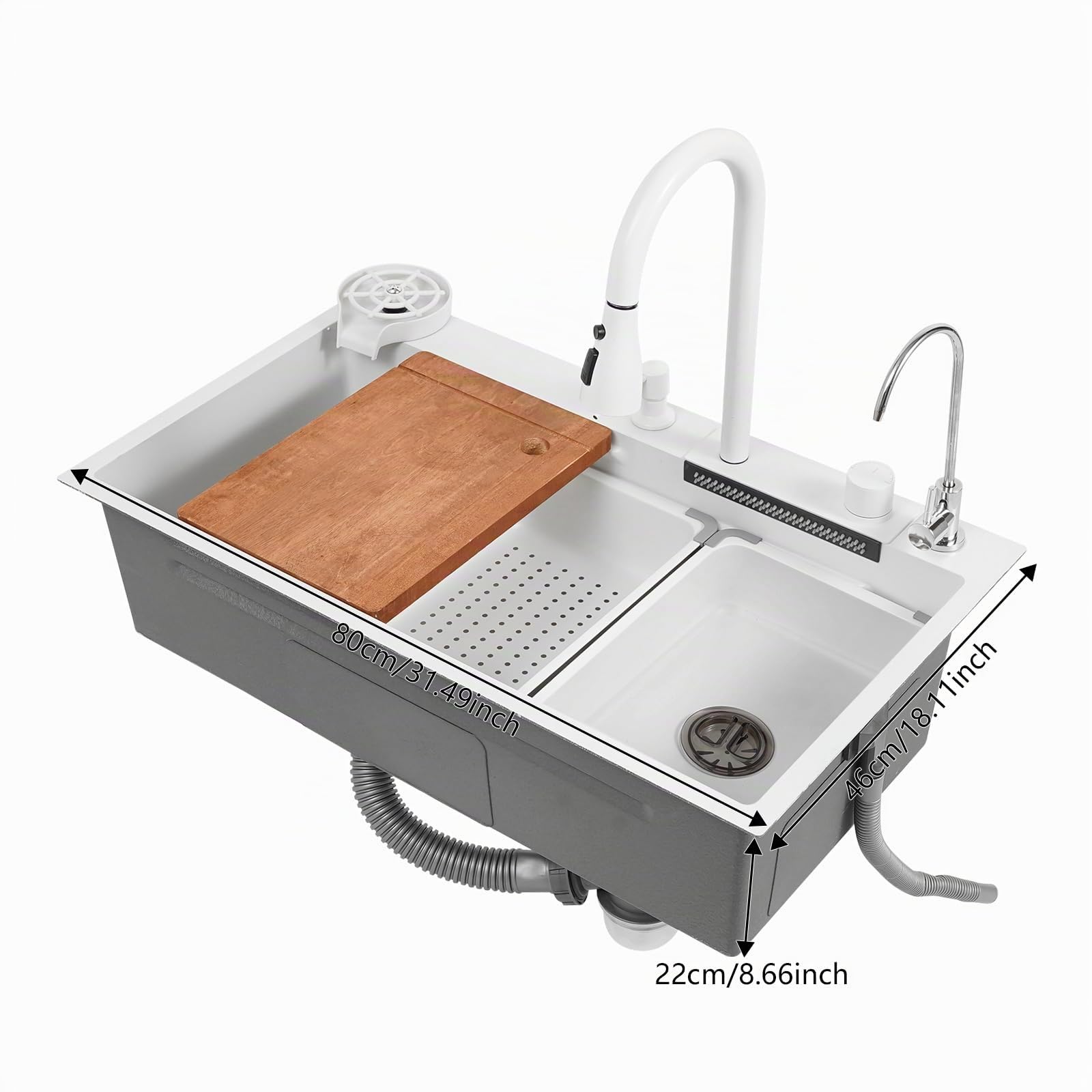 Fregadero de cocina cascada de acero inoxidable, 80 x 46 cm, 1 seno, multifunción, con grifo extraíble, juego completo de accesorios (blanco, 80 x 46 x 22 cm)