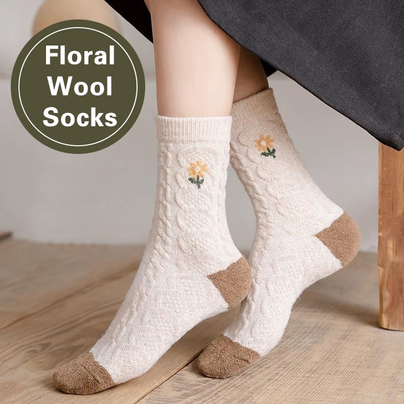 MarJunSep Wool Fall Boot Socks Women Teen Girls Thick Knit Vintage Cute Floral Hiking Winter Warm Crew Socks3
