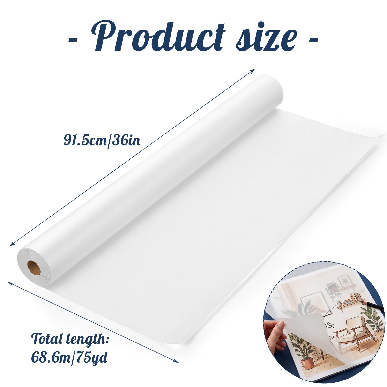 Rollo de papel de calco de 36 pulgadas x 75 yardas, papel de calco translúcido blanco para costura, dibujo, bocetos, envoltura de regalos