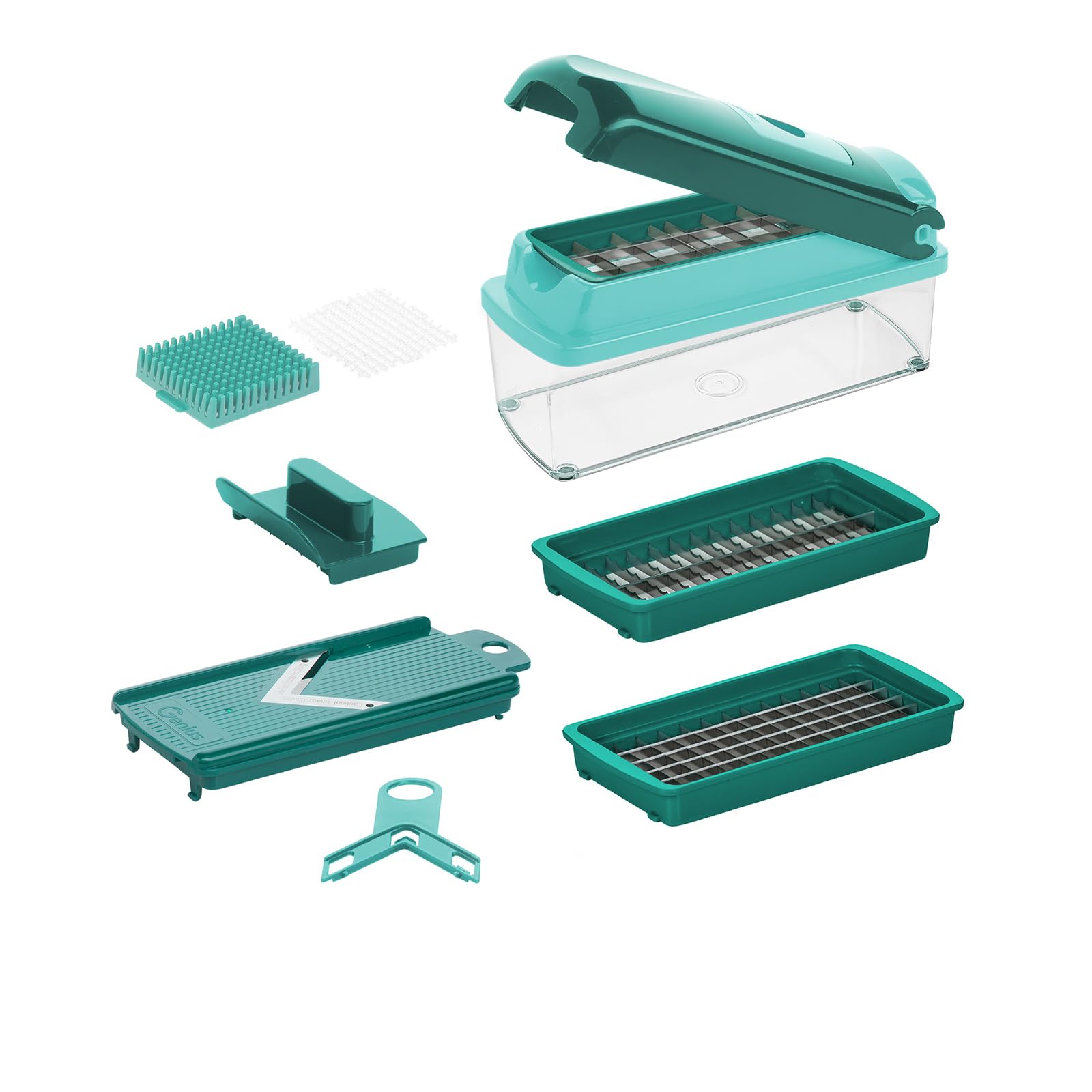 Genius Nicer Dicer Quick 7-delige set blauw - hakmolen voor groenten en fruit | 5-in-1 multisnijder met verwisselbare mesinzetstukken | 30 dobbelstenen of 10 schijven