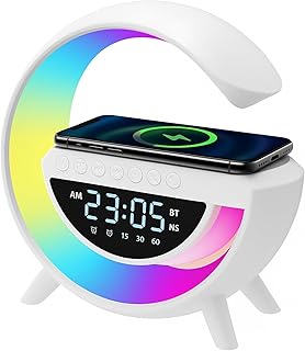 مصباح طاولة ليد ذكي AN-2304 مع مكبر صوت بلوتوث وساعة منبه وشاحن لاسلكي ومزامنة الموسيقى، أبيض