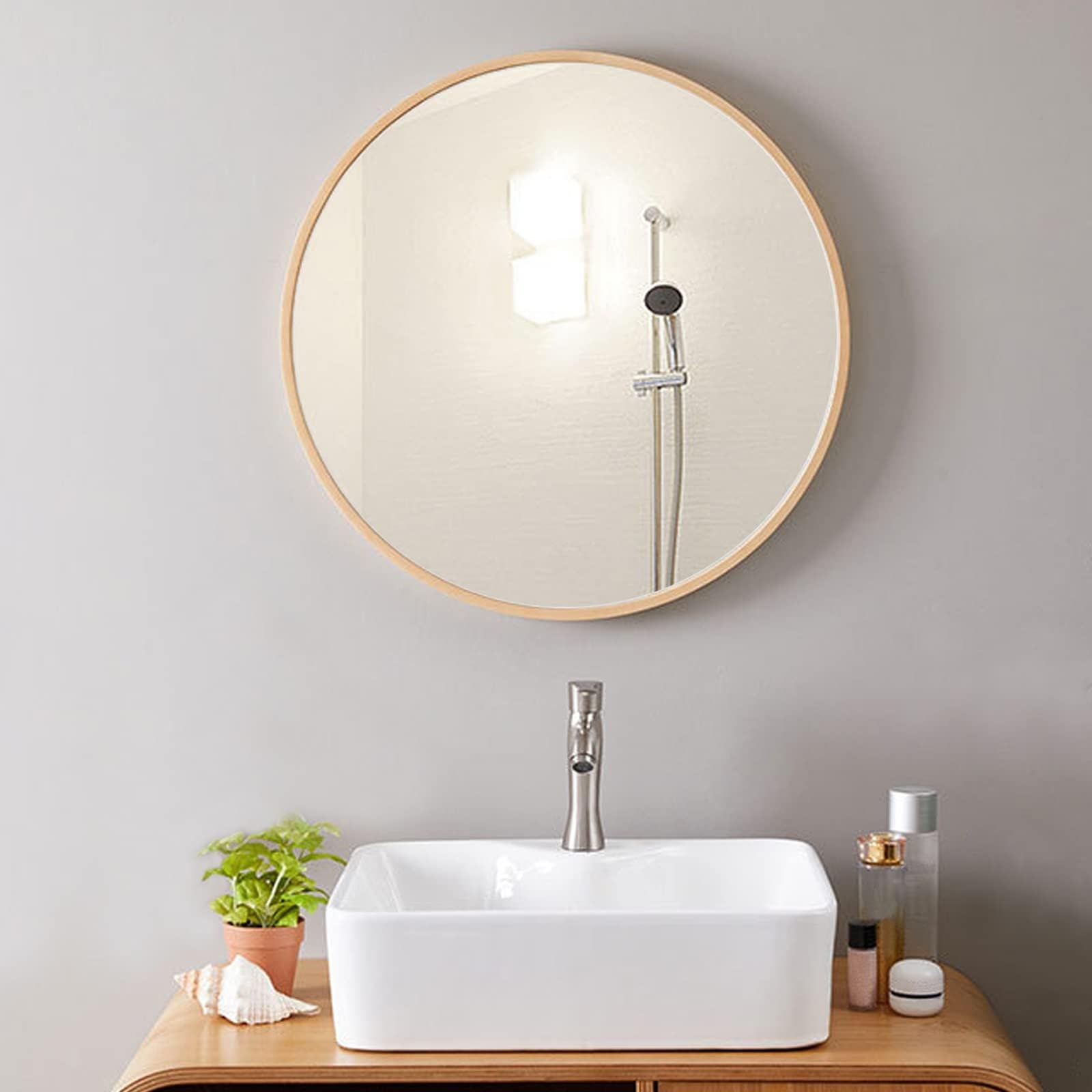 Amazon.co.jp: 木製鏡 Wall Mirror 丸鏡 姿見 ミラー 天然木製 高精細 浴室鏡 壁掛け 装飾 化粧鏡 直径 40cm ...