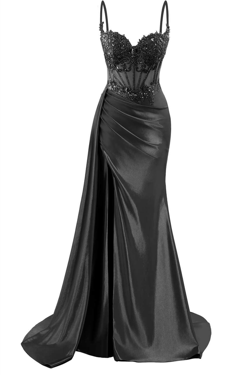 KIYNE Vestido de fiesta de satén con tirantes delgados, con abertura y apliques de encaje, vestido de fiesta formal, corsé