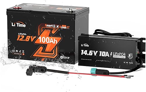 Miniatura 12 de Litime Batería LiFePO4 de motor de arrastre de 12 V 100 Ah (grupo 31), protección a baja temperatura, máx. 15000 ciclos profundos, con cargador de