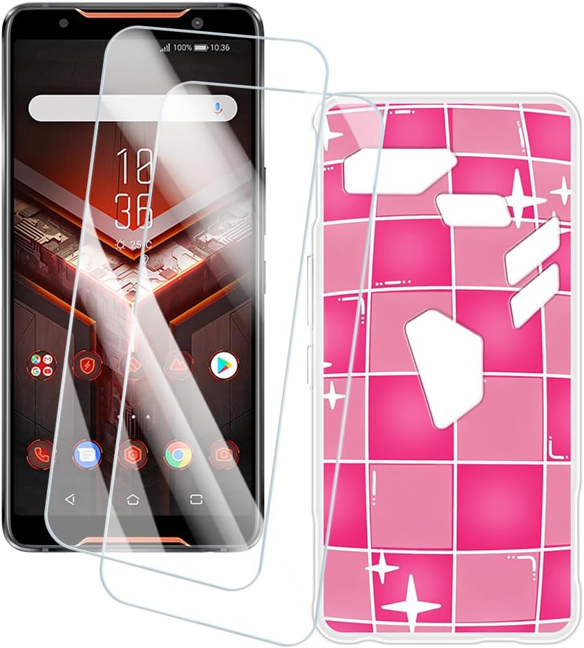 2 Pack Screen Protector + Case Compatible with Asus ROG Phone ZS600KL (6 inch) Case Artistic Custom Printed Cover and Tempered Glass Film Anti-Scratch (Pink World)