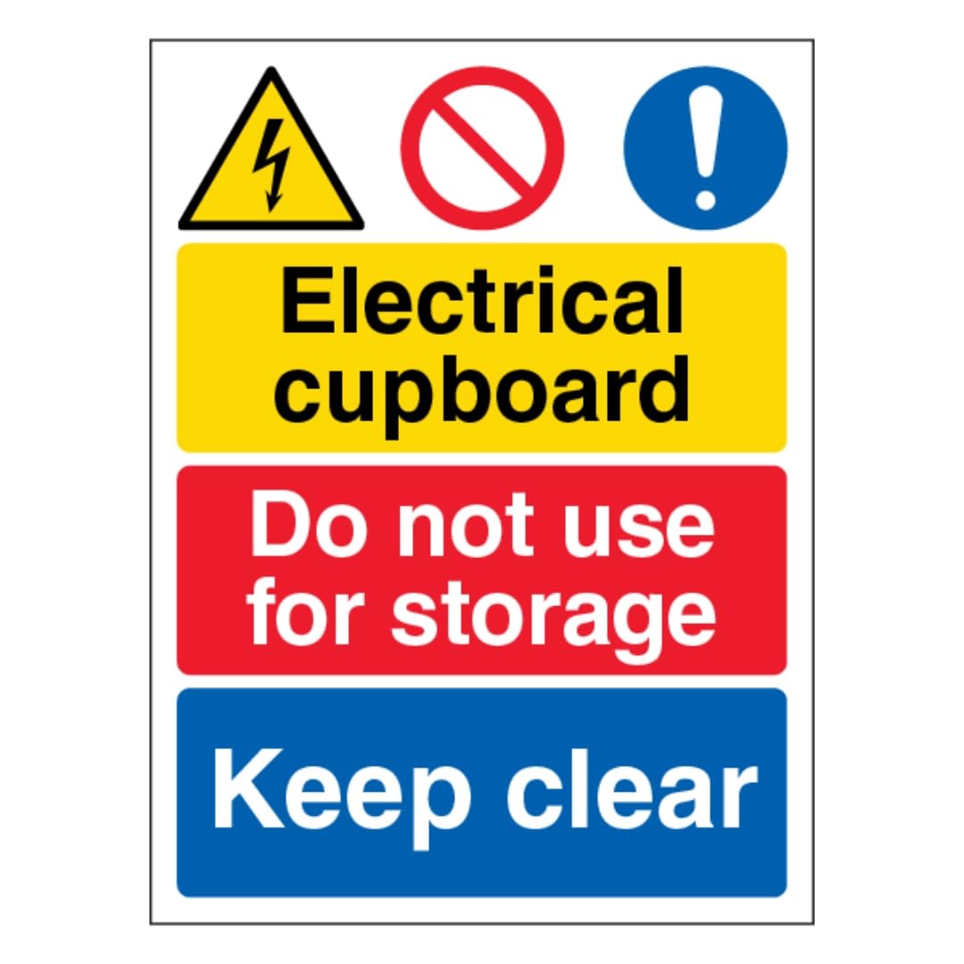 V Safety Electrical cupboard/Do not use for storage/Keep clear 210 x 297 mm (A4) - 3mm Aluminium Composite Safety Sign