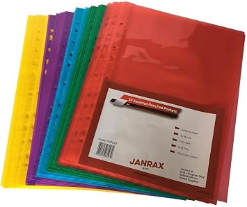 Pack of 50 A4 Assorted Colour Clear Punched Pockets by Janrax