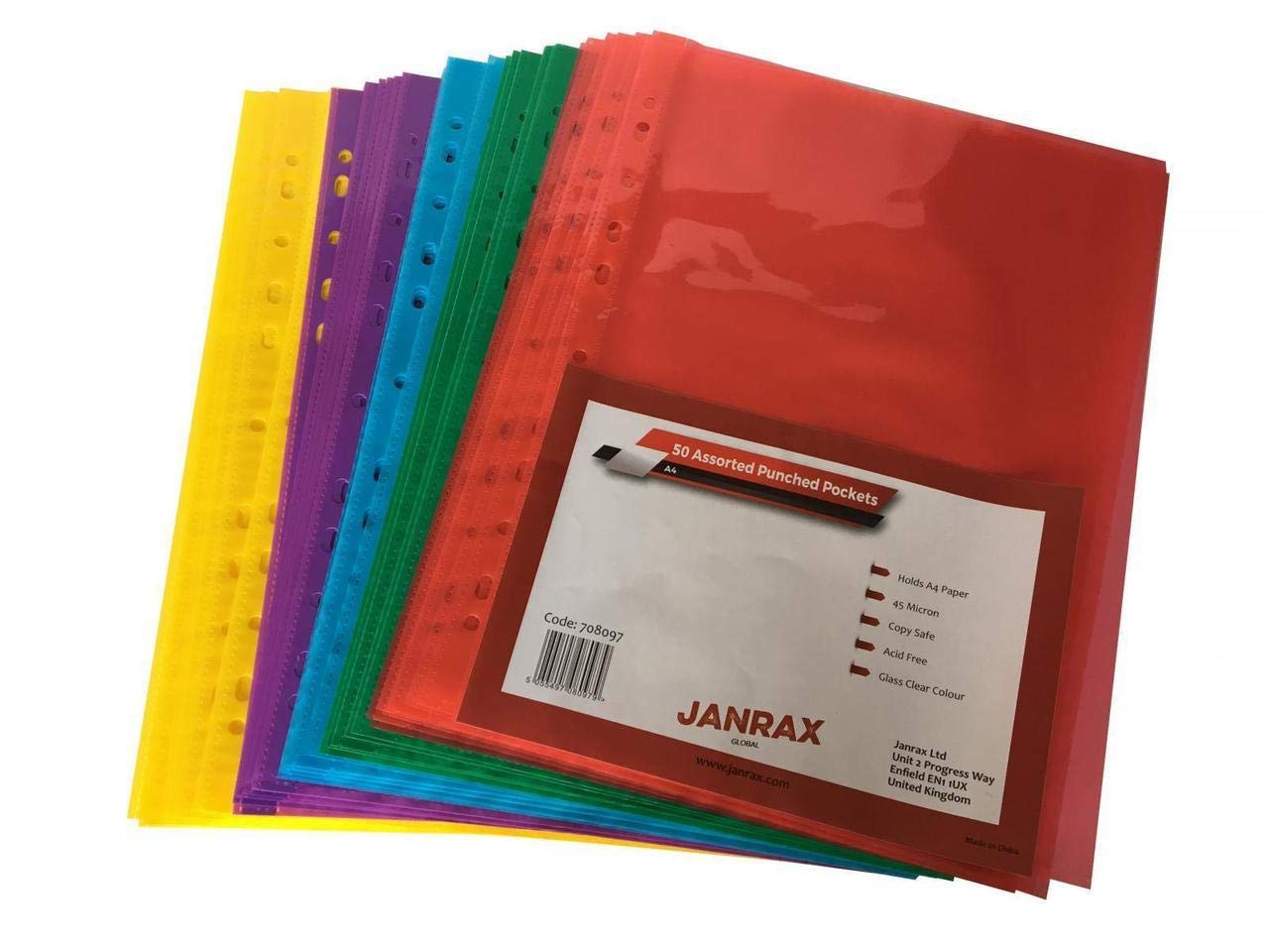 Pack of 50 A4 Assorted Colour Clear Punched Pockets by Janrax