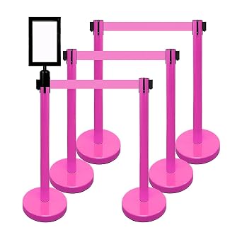 VIP Crowd Control Retractable Belt Stanchion Queue Safety Barrier Set, 36" Ht, 78" Belt + Wall Bracket 6 Magenta Pink Posts Pink Belt + SFrame + WBracket