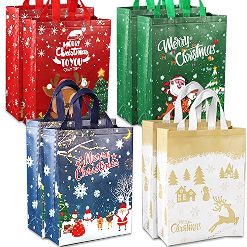 Volsha 8 Pack Christmas Reusable Grocery Bag Large Tote Bag with Handle Gift Present Bag Shopping Bag for Holiday Xmas Event Party