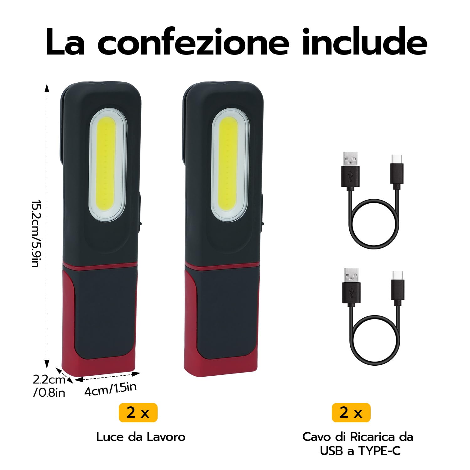 Luce da Lavoro LED Ricaricabile 2 Pezzi, Lampada da Officina Magnetica con Gancio, Rotazione 360° e 4 Modalità, Torcia Ispezione USB-C con Indicatore Batteria per Riparazione Auto, Fai da Te, Camping