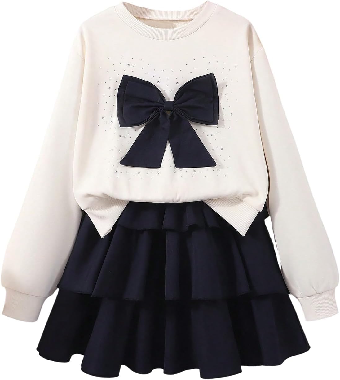 Girl's 2 Pieces Outfits Bow Print Long Sleeve Crewneck Sweatshirt and Tiered Layer Skirt Set