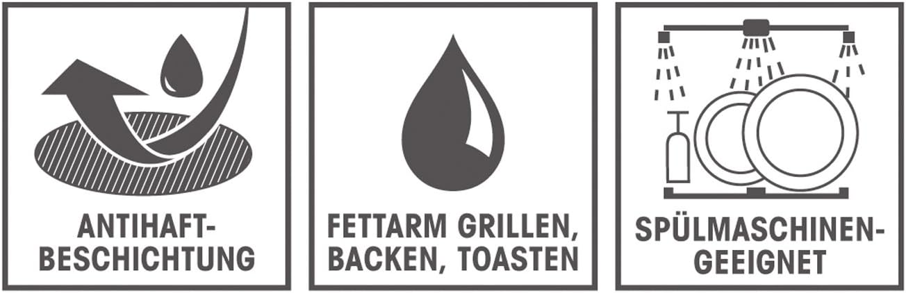 Icons depicting non-stick coating, suitability for low-fat cooking, and dishwasher safe feature.