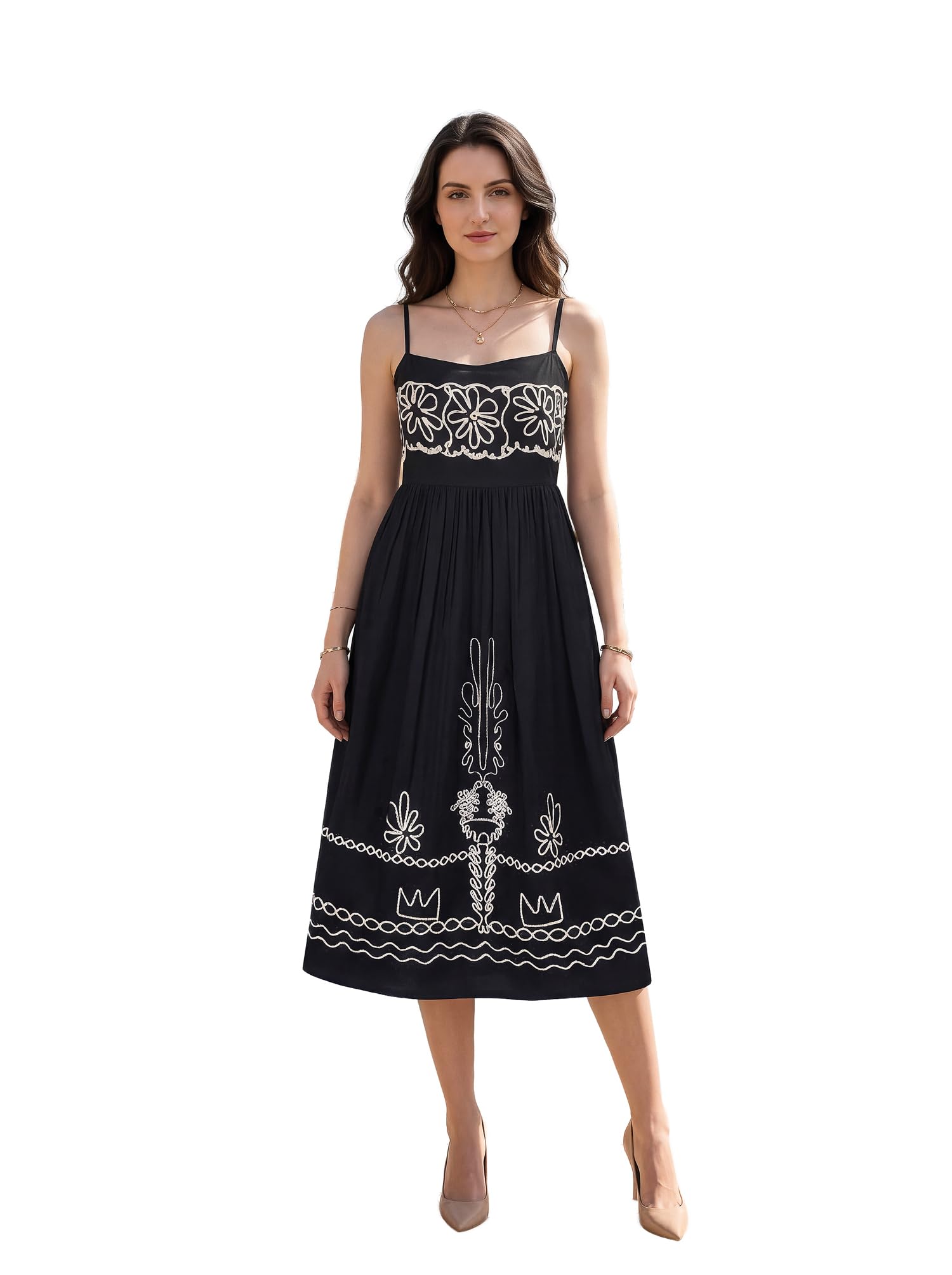 Women's Fit & Flared Midi Sleeveless Square Solid Dress-image-39