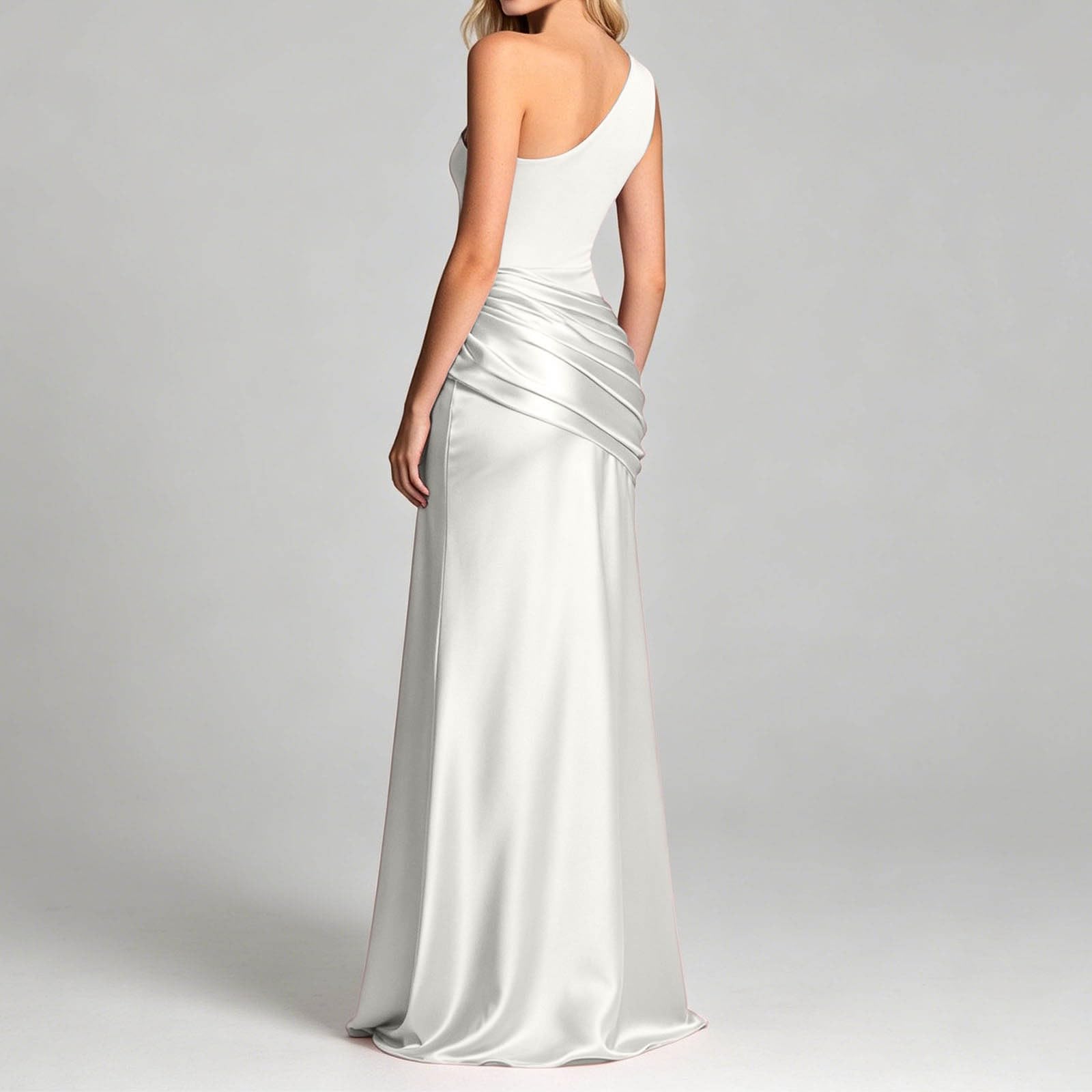 Generisch Robe midi asymétrique froncée en satin avec épaules asymétriques moulante élégante pour femme