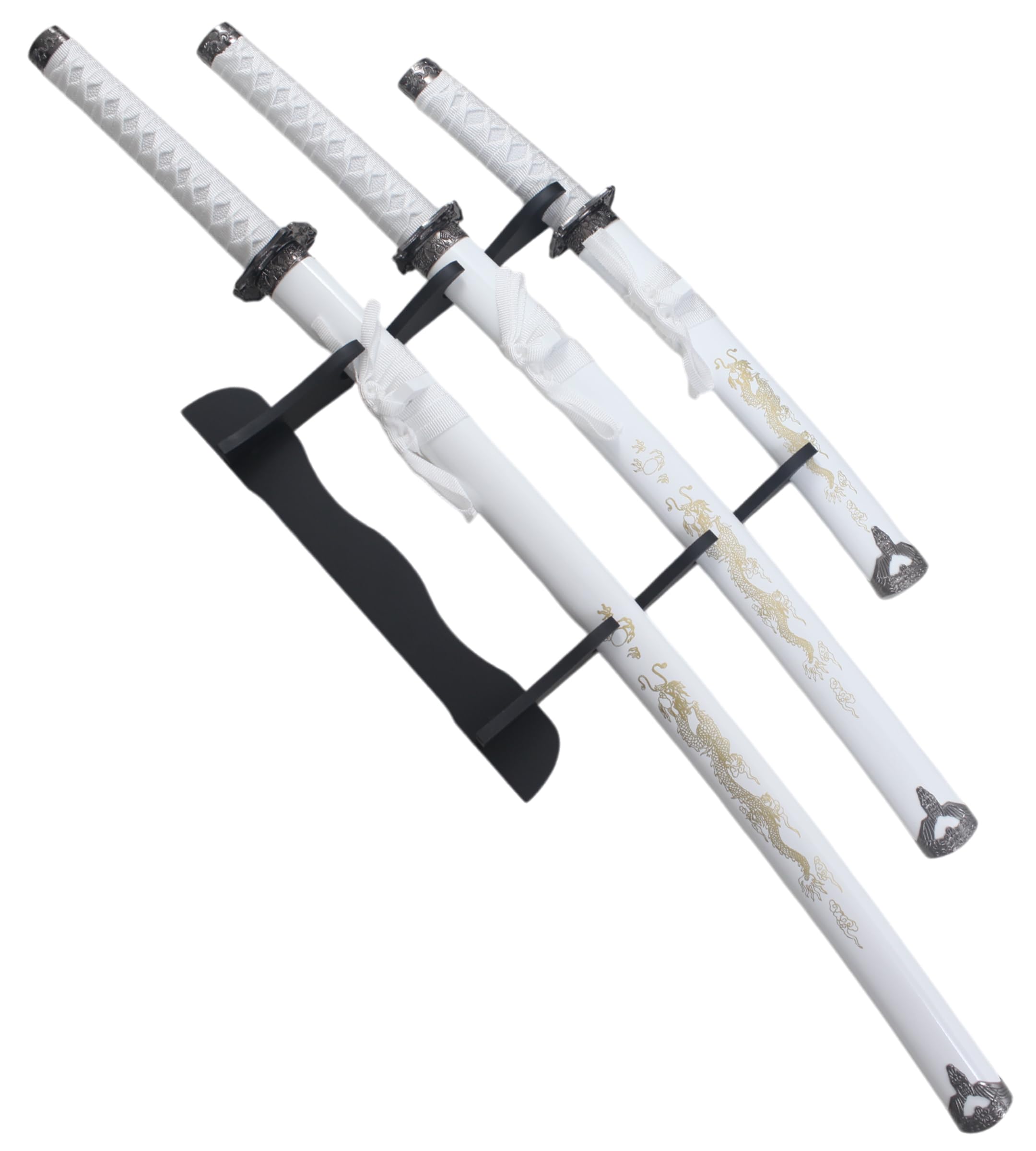 Set 3 Katanas en Bois Lame en Bois Katana Wakizashi Tanto Epee Sabre Katana Japonais Katana Dragon White Edition + Presentoir