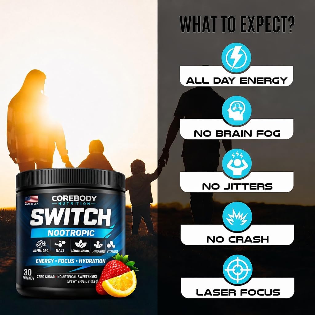 Switch, Brain Boosting Nootropic Energy Supplement Powder - Made in USA - Alpha GPC, NALT, Ashwagandha, Sugar Free Energy, Keto, Increase Mental Focus & Cognitive Function, Enhances Mood & Memory - Image 2