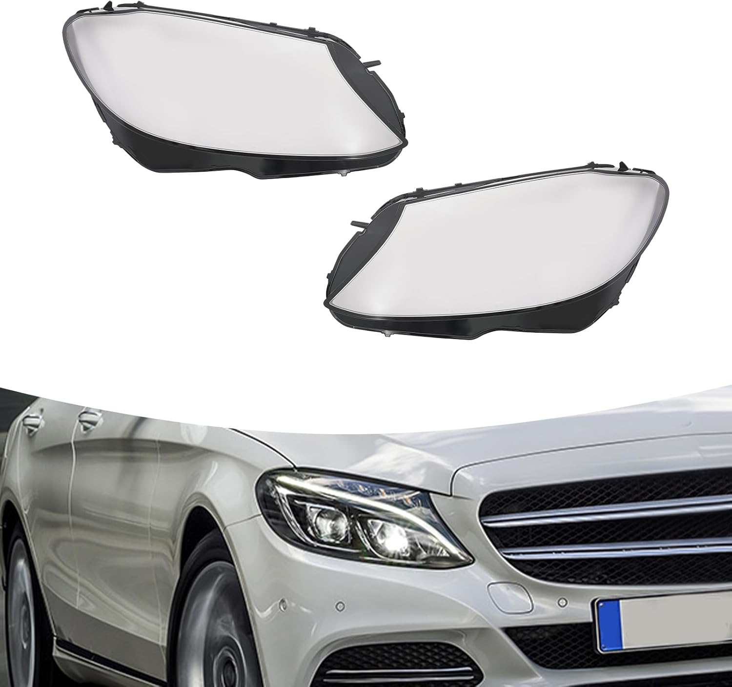 Front Left Right Side Headlight Cover Headlamp Clear Lens Shell Cover for 2014-2018 Mercedes-Benz C-Class W205, Left+Right Replacement A2059067303 A2059067403, Pack of 2