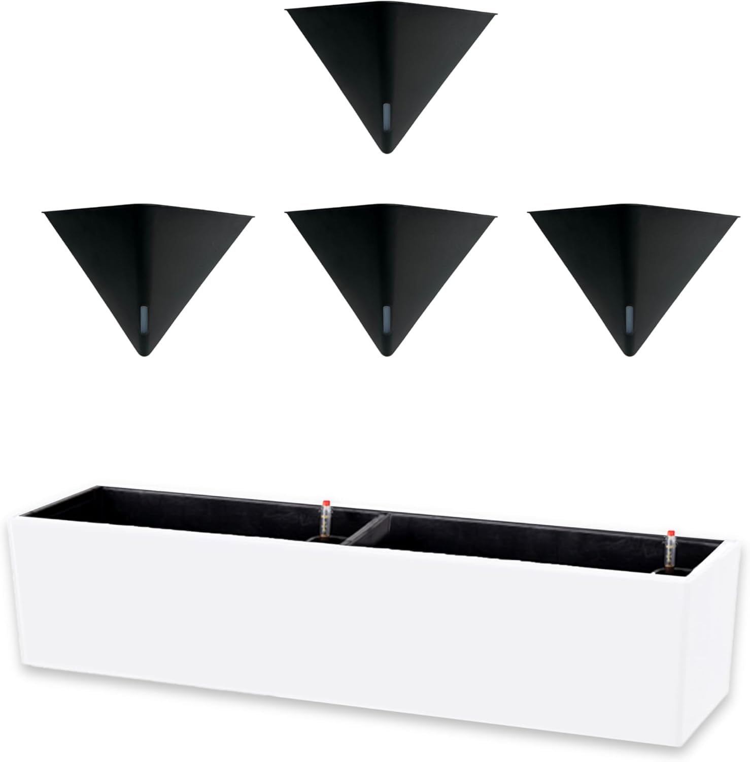 LaLaGreen Bundle- 1 Pack, 40 Inch White Rectangular Self Watering Planter + 4 Pack, 12 Inch Black Geometric Pot Wall Mounted Hanging Flower Vase Stylish Modern Window Boxes Vertical Plant Holder Decor