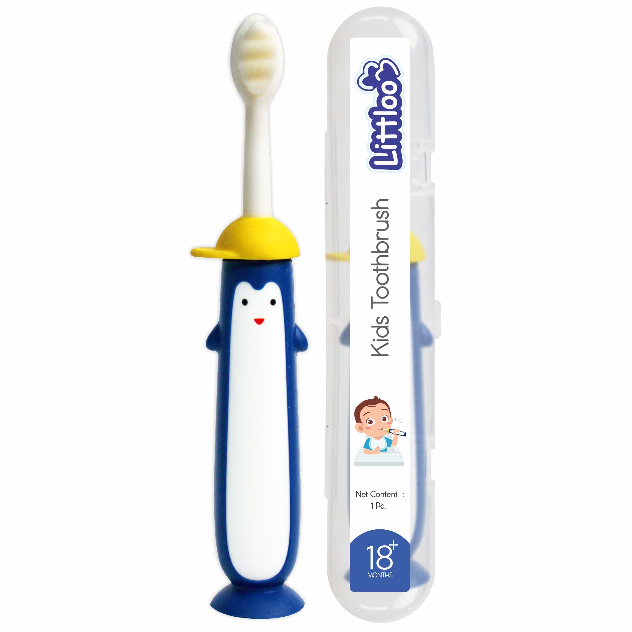 LITTLOO Penguin Manual Toothbrush For Baby & Kids, Ultra Soft Micro Bristles, Bpa Free With Suction Cup, Boys & Girls - 18M+, Manual Toothbrush, Battery-Free, Dental Care - Blue