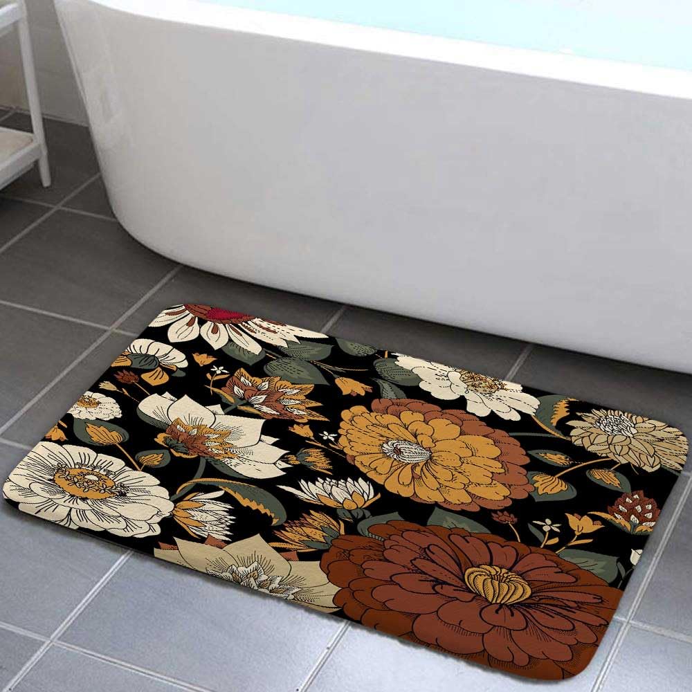 Torich Boho Floral Botanical Bath Rugs for Bathroom, Mid Century Morden Abstract Bohemian Flowers Tropical Leaves Non Slip Flannel Bathroom Rug, Dry