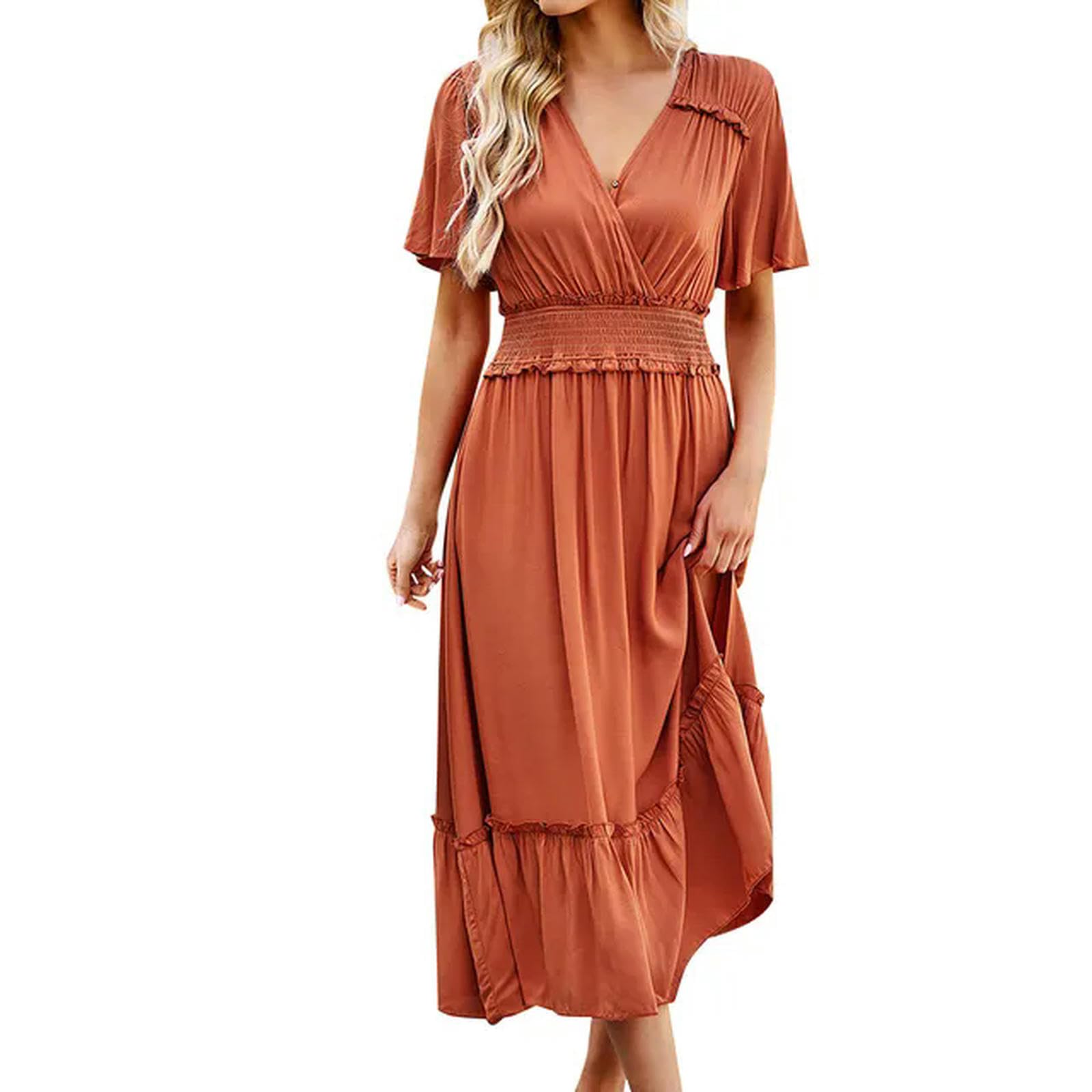 Generic Vestido Maxi Suelto de Verano Casual de Manga Corta con Cuello en V con Volantes para Mujer en la Playa Vestido Largo con Volantes