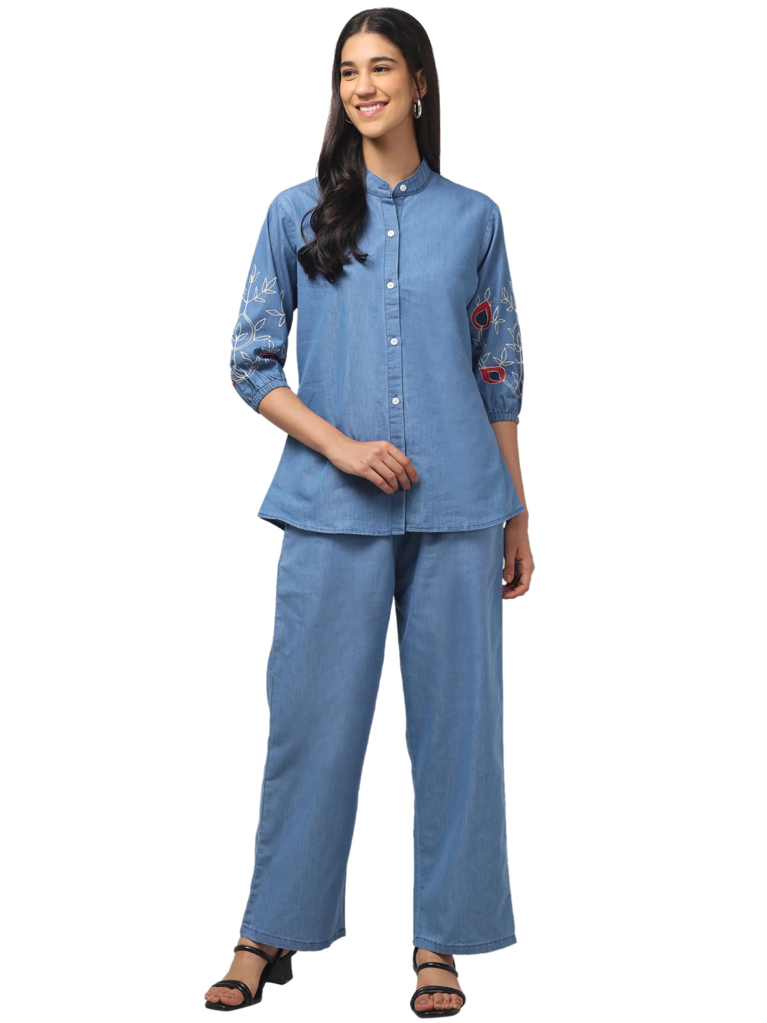 omasu fashion Women’s Denim Kurta Set – Mandarin Collar Straight Kurta with 3/4 Sleeves & Wide Leg Pants | Stylish Co-ord Set for Office, Casual-picture-56