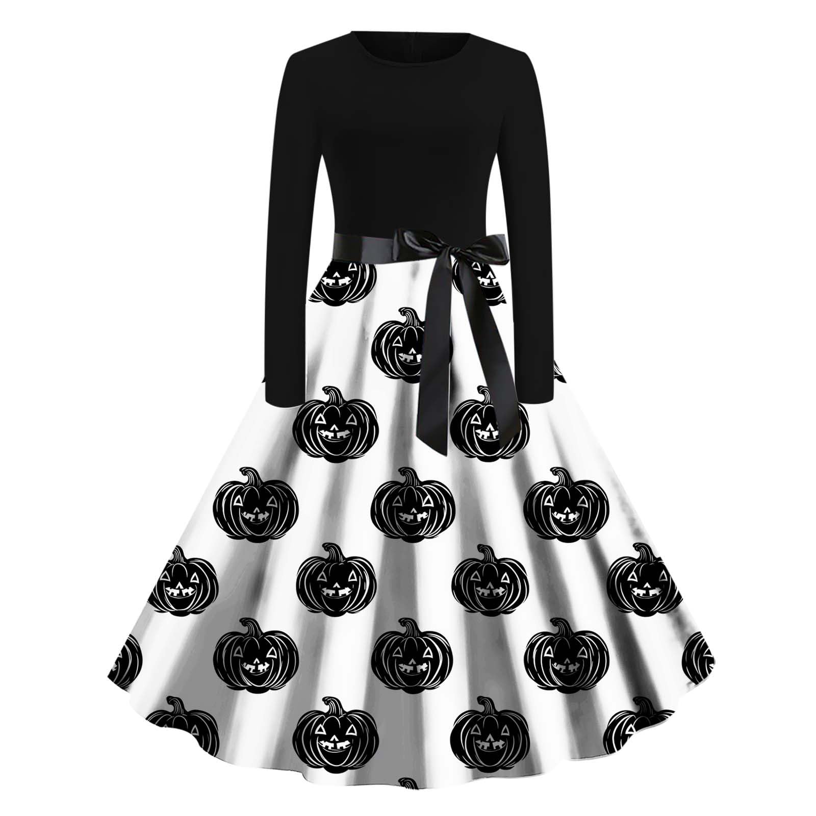 HAOLEI Halloween Costumes Adult Women, Ladies Halloween Dress Retro Pumpkin Skeleton Print Long Sleeve A Line Swing Dress Black Vintage Skull Witch Rockabilly Party Cocktail Novelty Dresses