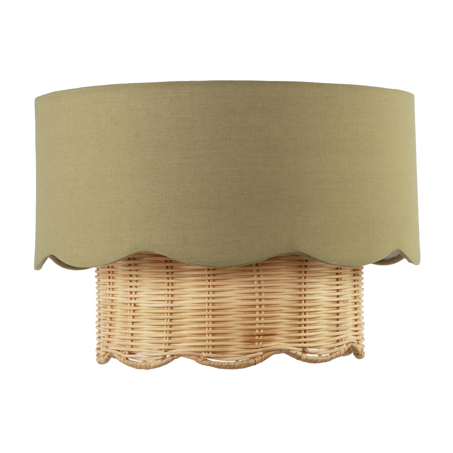Dark Olive Linen Fabric and Natural Rattan Scallop Pendant Lamp Shade by Happ...
